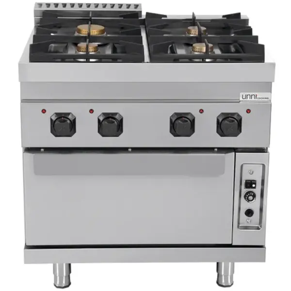 Fornuis + Oven | 700 SERIE | Gas | 4 Branders (3x 6.5kW, 1x 9kW) + 2/1 GN Oven (6.5kW) | Waakvlam/Piëzo | 8000x700x850/900(h)mm