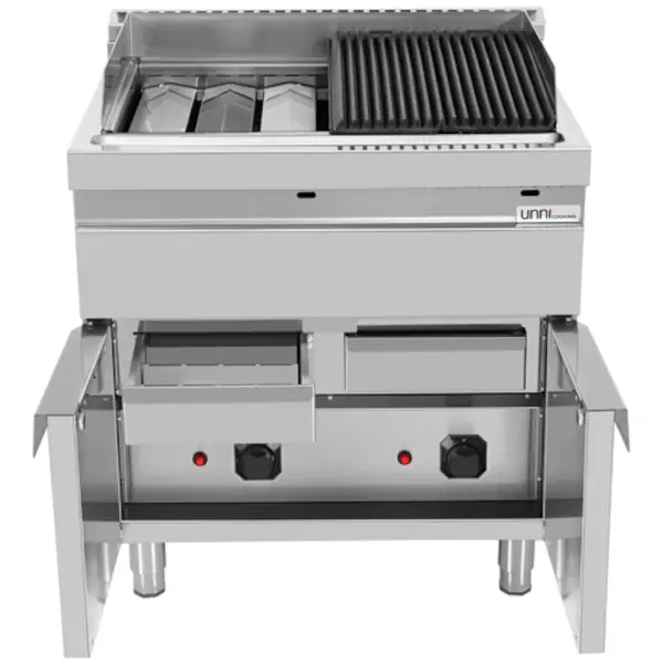 Stoomgrill | 700 SERIE | Gas | Gietijzer | 15kW | Piëzo Ontsteking | 2 Uitneembare Waterladen | 800x700x850/900(h)mm