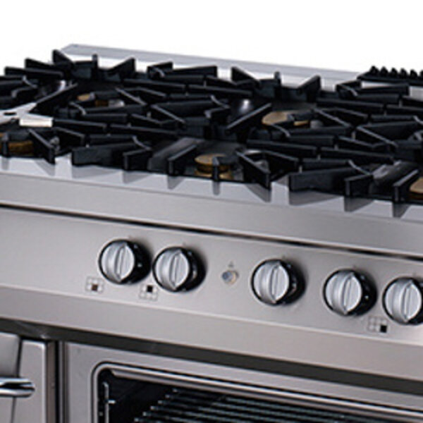 Premium gasfornuis met oven | RVS/Gietijzer | Zware gietijzeren pannendragers | Chromen gasbranders | 6kW (400V) | 1200x900x850(h)mm