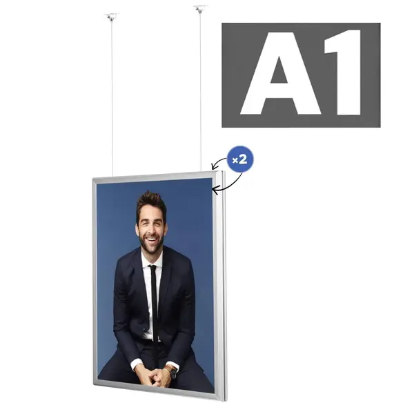 Hangende Kliklijst | VERTICO | Aluminium | Zilvergrijs | A1-Formaat | Dubbelzijdig | Rand 32mm | Incl. Plafondbevestiging (≤1450mm)