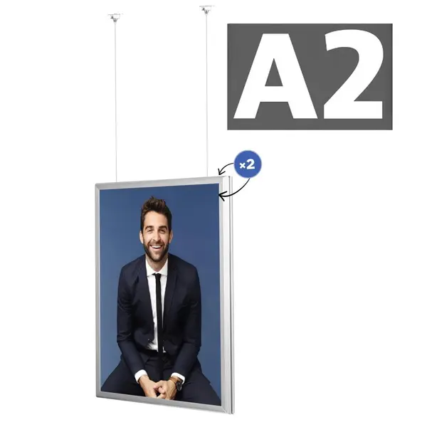 Hangende Kliklijst | VERTICO | Aluminium | Zilvergrijs | A2-Formaat | Dubbelzijdig | Rand 32mm | Incl. Plafondbevestiging (≤1450mm)