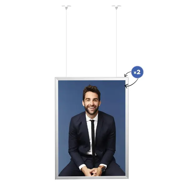 Hangende Kliklijst | VERTICO | Aluminium | Zilvergrijs | B2-Formaat | Dubbelzijdig | Rand 32mm | Incl. Plafondbevestiging (≤1450mm)