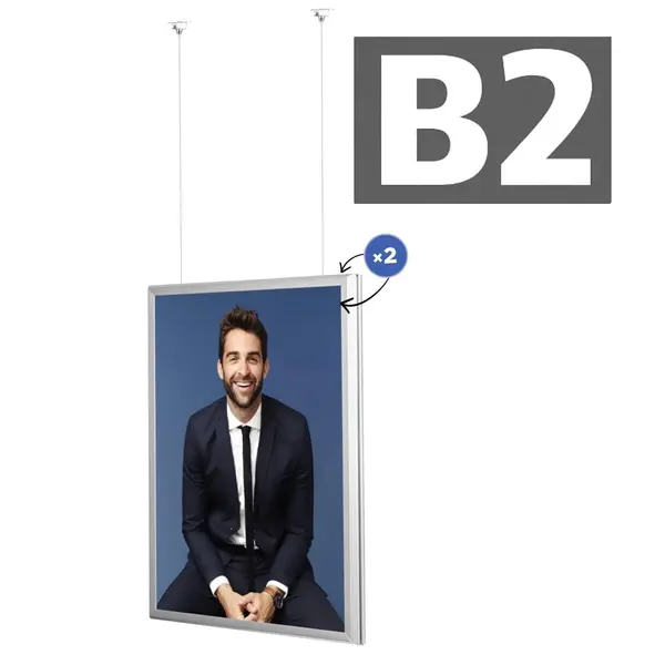 Hangende Kliklijst | VERTICO | Aluminium | Zilvergrijs | B2-Formaat | Dubbelzijdig | Rand 32mm | Incl. Plafondbevestiging (≤1450mm)