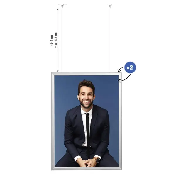 Hangende Kliklijst | VERTICO | Aluminium | Zilvergrijs | B1-Formaat | Dubbelzijdig | Rand 32mm | Incl. Plafondbevestiging (≤1450mm)