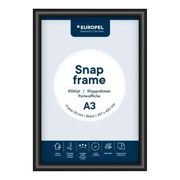 Kliklijst | Aluminium | Zwart | A3-Formaat | Rand 25mm | Incl. Wandbevestiging | 328x451mm