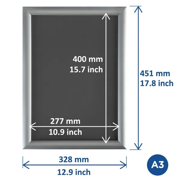 Kliklijst | Aluminium | Zilvergrijs | A3-Formaat | Rand 25mm | Incl. Wandbevestiging | 328x451mm