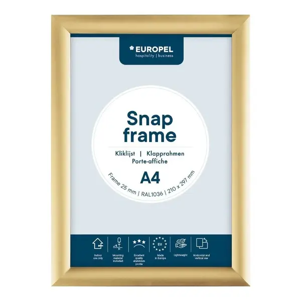 Kliklijst | Aluminium | Goudkleurig | A4-Formaat | Rand 25mm | Incl. Wandbevestiging | 241x328mm