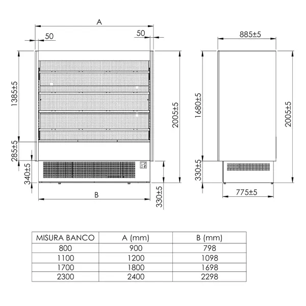 Wandkoeling | VULCANO | Grijs/Blauw | +3°C/+5°C | Geventileerd | 5 Schappen | 2.37kW | Intern Nachtgordijn | 2080x800x2040(h)mm