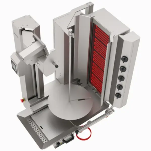 Robot Dönergrill | Elektrisch | 5 Elementen | 8kW (400V) | Max. 120kg | Rotatiemotor Onder | Handsfree Snijden | 720x980x1260(h)mm