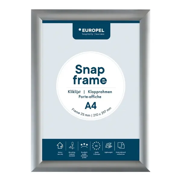 Kliklijst | Aluminium | Zilvergrijs | A4-Formaat | Rand 25mm | Incl. Wandbevestiging | 241x328mm