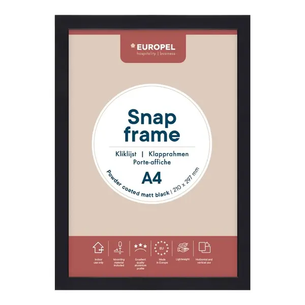 Kliklijst | Aluminium | Zwart (Mat) | A4-Formaat | Rand 25mm | Incl. Wandbevestiging | 241x328mm