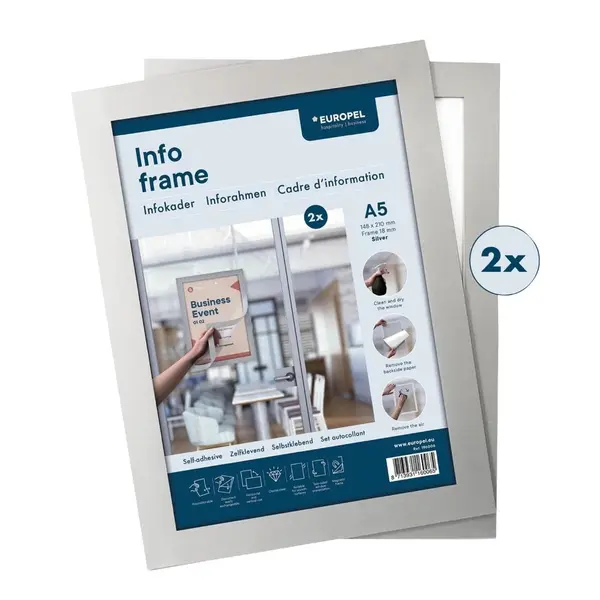 Magnetische Wissellijsten | Zilvergrijs | Dubbelzijdig | A5-Formaat | Rand 18mm | 2 Stuks | 175x237mm