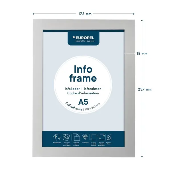 Magnetische Wissellijsten | Zilvergrijs | Dubbelzijdig | A5-Formaat | Rand 18mm | 2 Stuks | 175x237mm