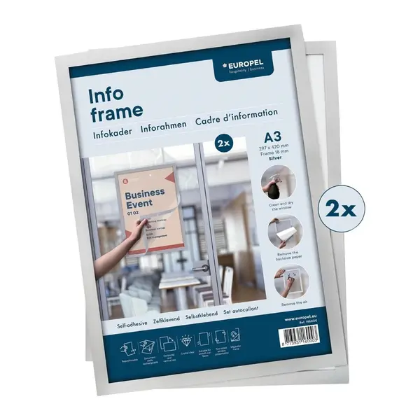 Magnetische Wissellijsten | Zilvergrijs | Dubbelzijdig | A3-Formaat | Rand 18mm | 2 Stuks | 327x450mm