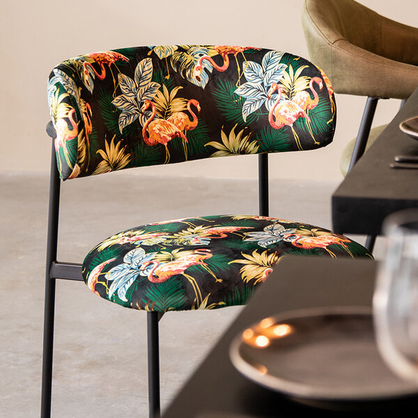 Stoel Ferry | Printed Flamingo | Fluweel | Zwart Metalen Frame | 2 stuks