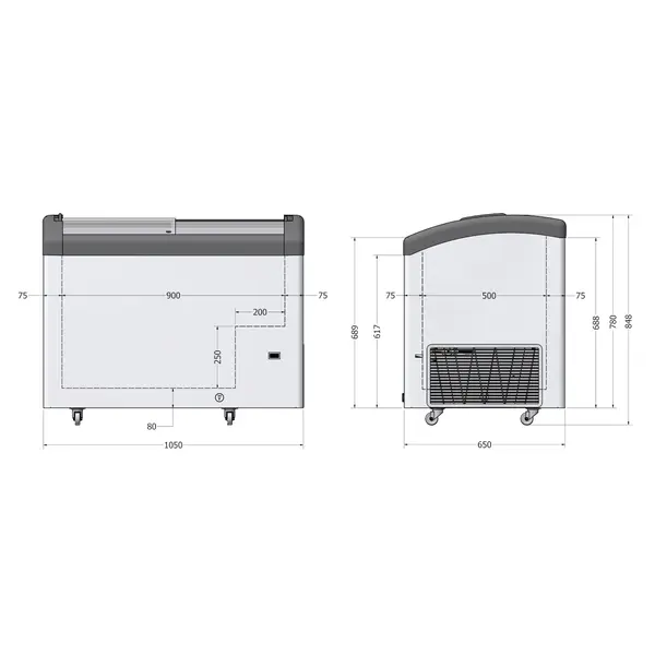 Vrieskist | FOCUS | 270L | Wit/Grijs | -16°C/-23°C | Statisch | Schuifdeksels | Wielen | 1050x650x850(h)mm