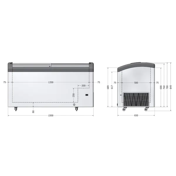 Vrieskist | FOCUS | 418L | Wit/Grijs | -16°C/-23°C | Statisch | Schuifdeksels | Wielen | 1500x650x850(h)mm