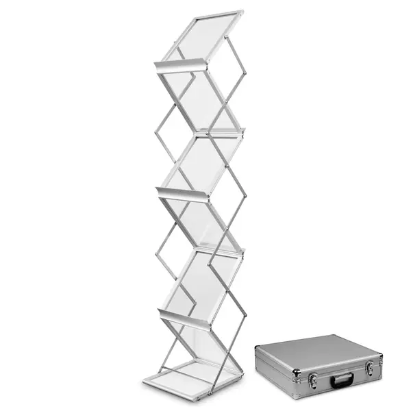 Folderstandaard | MONTANA | Staal/Aluminium | Zilvergrijs | Opvouwbaar | Dubbelzijdig | 6x A4 | Incl. Koffer | 250x350x1460(h)mm
