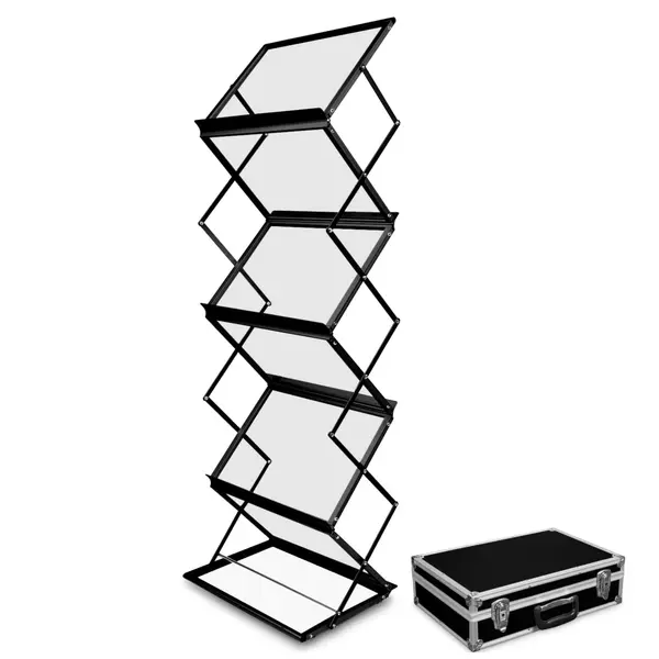 Folderstandaard | MONTANA | Staal/Aluminium | Zwart | Opvouwbaar | Dubbelzijdig | 6x A3 | Incl. Koffer | 470x380x1470(h)mm