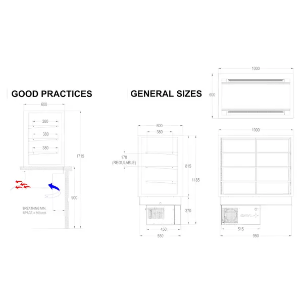 Drop-In Koelvitrine | INTEGRA | Zwart | +2°C/+6°C | Geforceerd | 4 Niveaus | Touchscreen | 1000x600x815/1155(h)mm