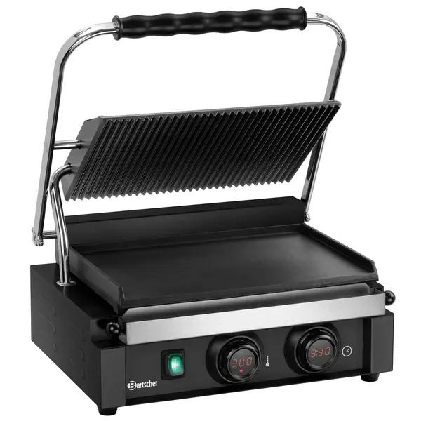 Contact-/Paninigrill | Enkel | Glad/Gegroefd Oppervlak 345x235 (Gietijzer) | 50°C/300°C | 2.2kW (230V) | Timer | 410x398x208(h)mm