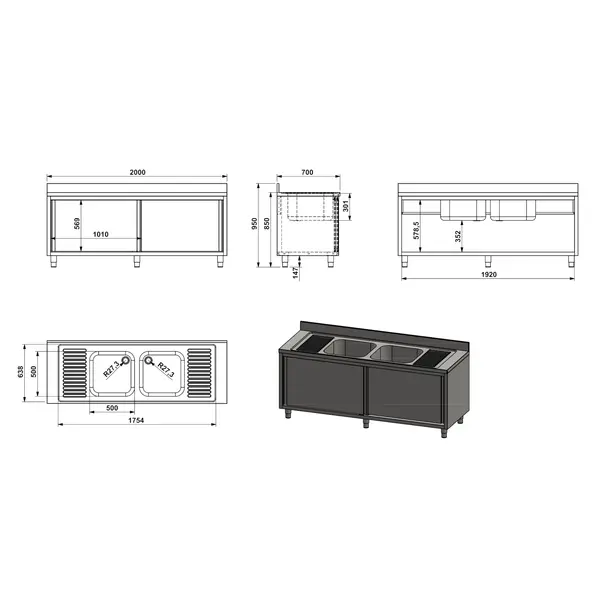 Spoeltafel | ESSENTIAL | RVS | 2 Spoelbakken (Midden) + Afdruipvlak | Schuifdeuren | Achteropstand | Voorgemonteerd | 2000x700x850(h)mm