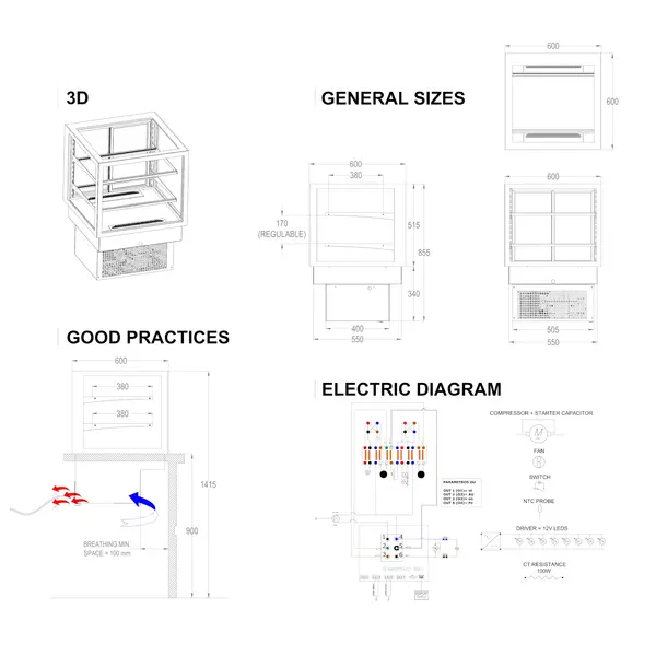 Drop-In Koelvitrine | INTEGRA | Zwart | +2°C/+6°C | Geforceerd | 3 Niveaus | Touchscreen | 600x600x515/855(h)mm