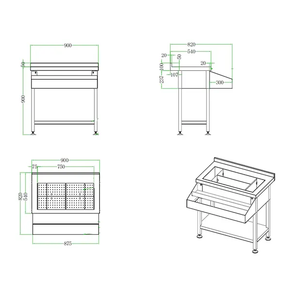 Bar-/Cocktailstation | RVS | IJs-/Ingrediëntenbak + Flessenrek | Bodemschap | Achteropstand | 900x820x900/950(h)mm