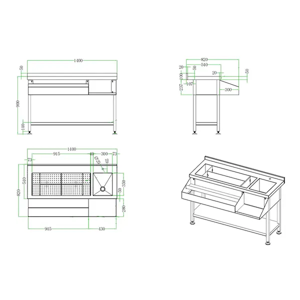Bar-/Cocktailstation | RVS | IJs-/Ingrediëntenbak + Spoelbak + Flessenrek | Bodemschap | Achteropstand | 1400x820x900/950(h)mm