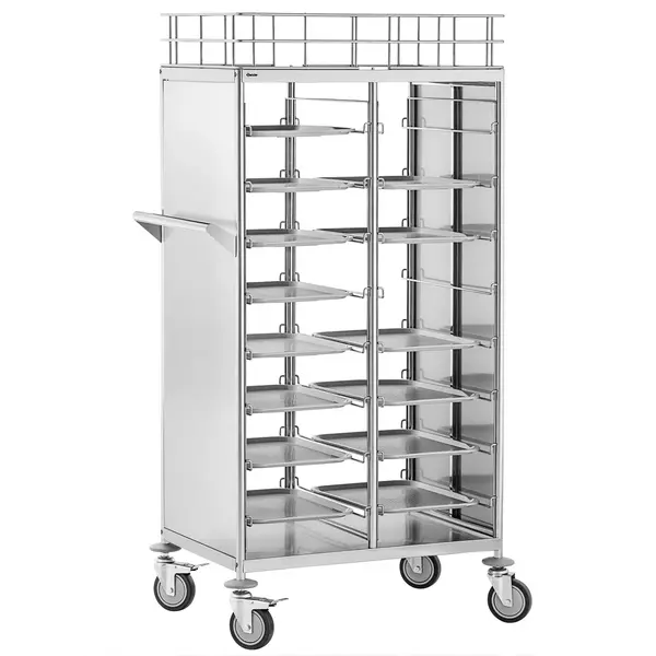 Dienbladenwagen | RVS | 2x 8 Etages (443x343) + Bovenblad | Wielen (Geremd) | 965x625x1695(h)mm