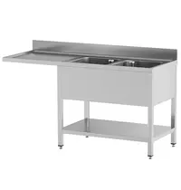 Diamond Spoeltafel | STANDARD LINE EVO | RVS | 2 Spoelbakken (Rechts) + Afdruipvlak | Voorlader + Bodemschap | Achteropstand | Zelfmontage | 1600x700x865/965(h)mm