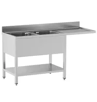 Diamond Spoeltafel | STANDARD LINE EVO | RVS | 2 Spoelbakken (Links) + Afdruipvlak | Voorlader + Bodemschap | Achteropstand | Zelfmontage | 1600x700x865/965(h)mm 