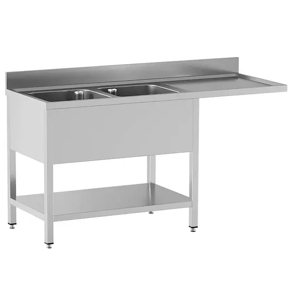 Spoeltafel | STANDARD LINE EVO | RVS | 2 Spoelbakken (Links) + Afdruipvlak | Voorlader + Bodemschap | Achteropstand | Zelfmontage | 1600x700x865/965(h)mm