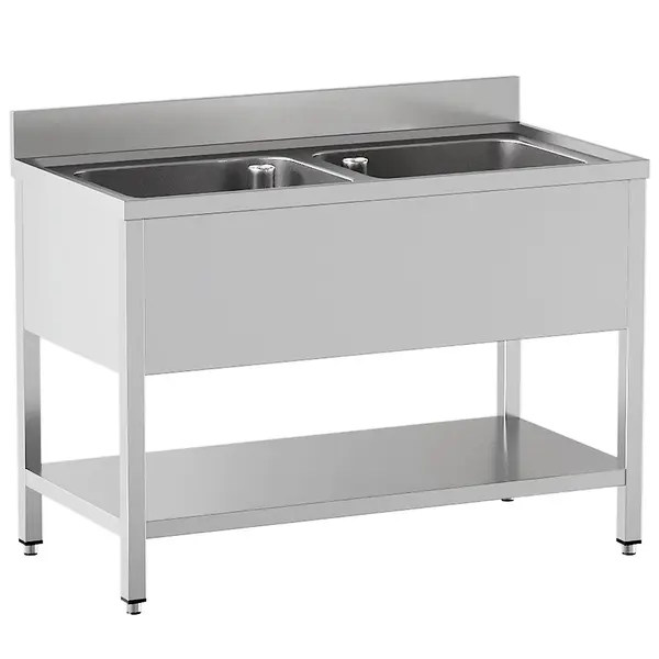 Spoeltafel | RVS | 2 Spoelbakken (Midden) | Bodemschap | Achteropstand | Zelfmontage | 1400x700x865/965(h)mm