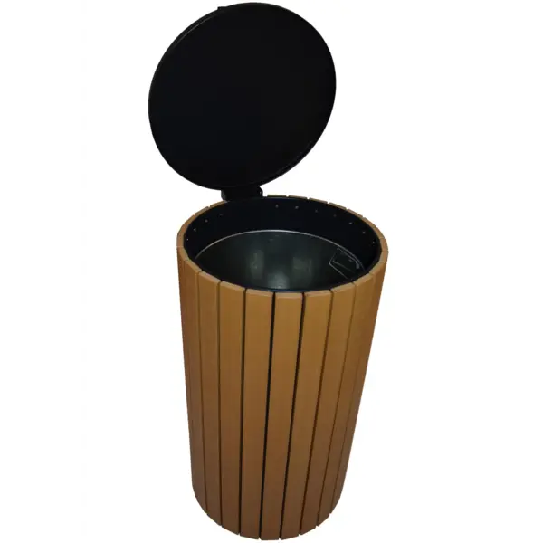 Afvalbak | Kunststof/RVS | Antraciet/Houtlook | 90L | Klapdeksel | Ø460x860(h)mm