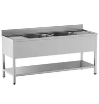 Diamond Spoeltafel | STANDARD LINE EVO | RVS | 2 Spoelbakken (Midden) + Afdruipvlak | Bodemschap | Achteropstand | Zelfmontage | 2200x700x865/965(h)mm