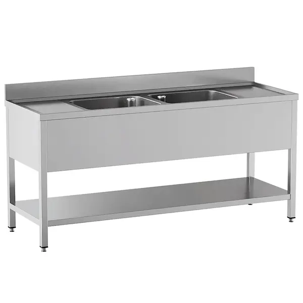 Spoeltafel | RVS | 2 Spoelbakken (Midden) + Afdruipvlak | Bodemschap | Achteropstand | Zelfmontage | 2400x700x865/965(h)mm