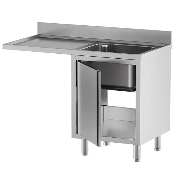 Spoeltafel | STANDARD LINE EVO | RVS | 1 Spoelbak (Rechts) + Afdruipvlak | Voorlader + Draaideur | Achteropstand | 1400x700x865/965(h)mm