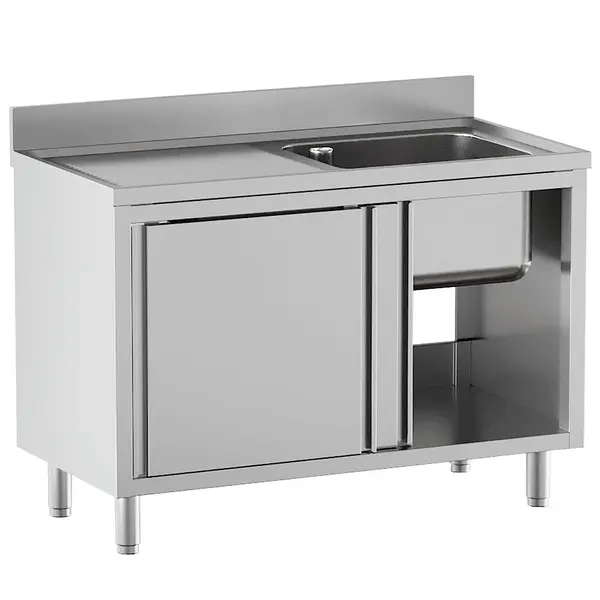 Spoeltafel | RVS | 1 Spoelbak (Rechts) + Afdruipvlak | Schuifdeuren | Achteropstand | 1400x700x865/965(h)mm