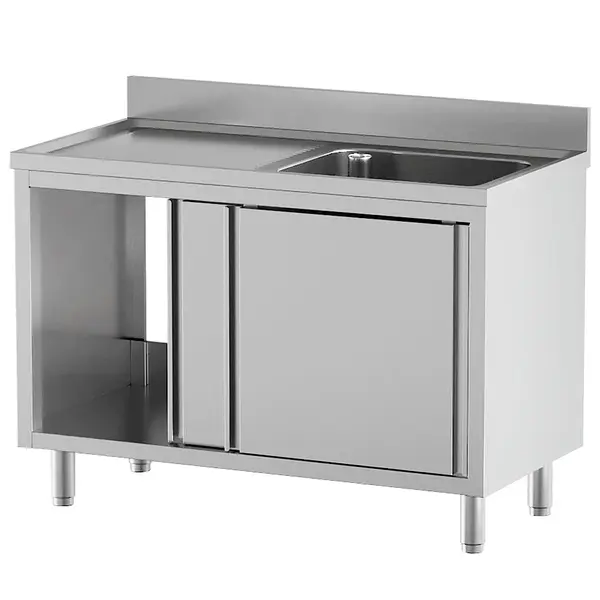 Spoeltafel | RVS | 1 Spoelbak (Rechts) + Afdruipvlak | Schuifdeuren | Achteropstand | 1400x700x865/965(h)mm