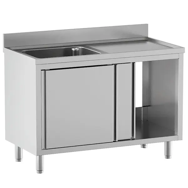 Spoeltafel | RVS | 1 Spoelbak (Links) + Afdruipvlak | Schuifdeuren | Achteropstand | 1400x700x865/965(h)mm