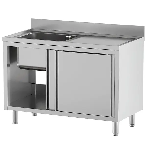 Spoeltafel | RVS | 1 Spoelbak (Links) + Afdruipvlak | Schuifdeuren | Achteropstand | 1400x700x865/965(h)mm