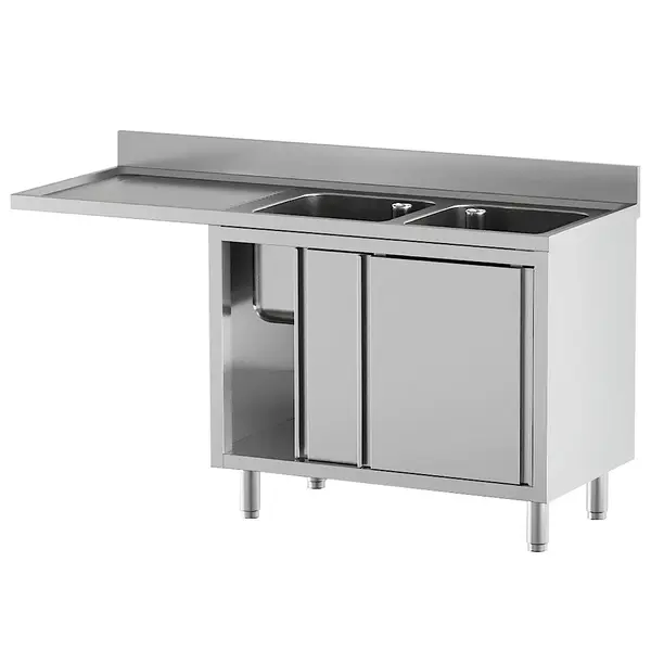 Spoeltafel | STANDARD LINE EVO | RVS | 2 Spoelbakken (Rechts) + Afdruipvlak | Voorlader + Schuifdeuren | Achteropstand | 1600x700x865/965(h)mm