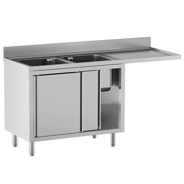 Spoeltafel | STANDARD LINE EVO | RVS | 2 Spoelbakken (Links) + Afdruipvlak | Voorlader + Schuifdeuren | Achteropstand | 1800x700x865/965(h)mm