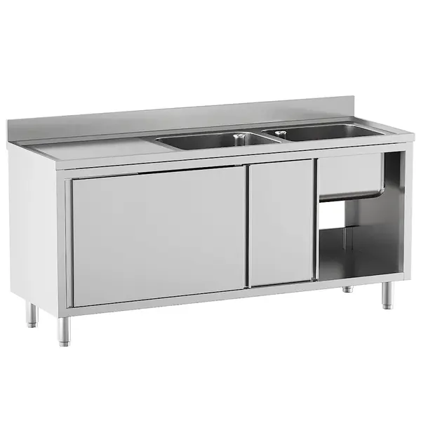 Spoeltafel | STANDARD LINE EVO | RVS | 2 Spoelbakken (Rechts) + Afdruipvlak | Schuifdeuren | Achteropstand | 1600x700x865/965(h)mm