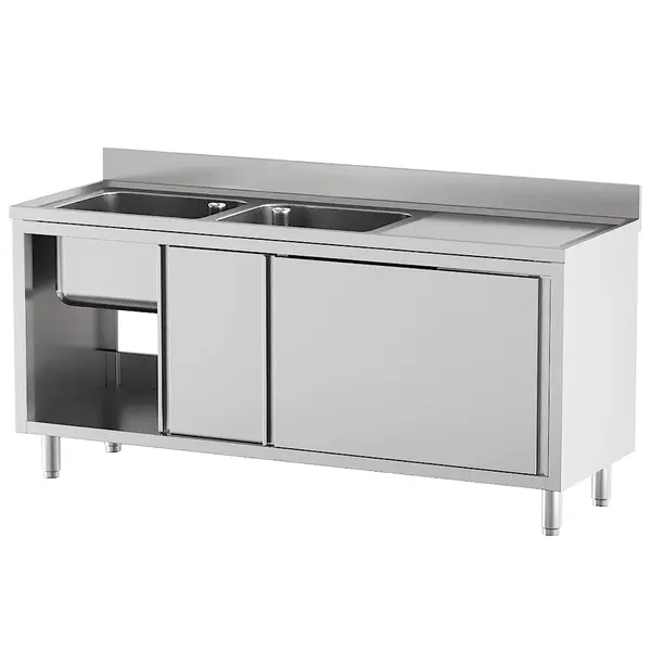 Spoeltafel | STANDARD LINE EVO | RVS | 2 Spoelbakken (Links) + Afdruipvlak | Schuifdeuren | Achteropstand | 1600x700x865/965(h)mm