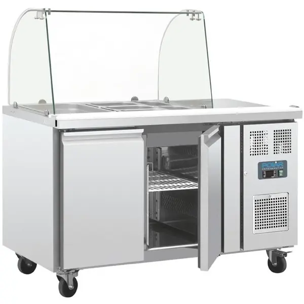 Saladette | U-SERIE | 282L | 2 Deur (1/1 GN) | Boven 2x 1/1 GN | -2°C/+8°C | Geforceerd | Glasopzet + Snijblad | Wielen (Geremd) | 1360x700x1360(h)mm