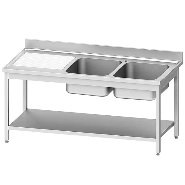 Spoeltafel | ECO | RVS | 2 Spoelbakken (Rechts) + Afdruipvlak | Bodemschap | Achteropstand | Zelfmontage | 1600x700x900/1000(h)mm