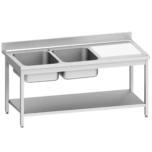 Spoeltafel | ECO | RVS | 2 Spoelbakken (Links) + Afdruipvlak | Bodemschap | Achteropstand | Zelfmontage | 1600x700x900/1000(h)mm