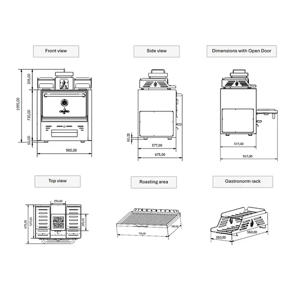 Houtskooloven | R-SERIES | 250°C/350°C | Maaltijdproductie 95/u | Brandduur 9u (10-12kg Houtskool) | 985x577x1095(h)mm